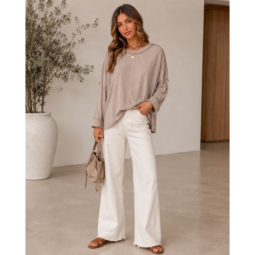 GiGio Large Taupe Oversized Knit Top Coastal Boho Lagenlook Exposed Seam Slouchy